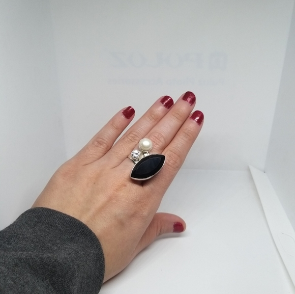 .925 Silver ring marquise cut cristal round zircon & faux pearl - Picture 1 of 6